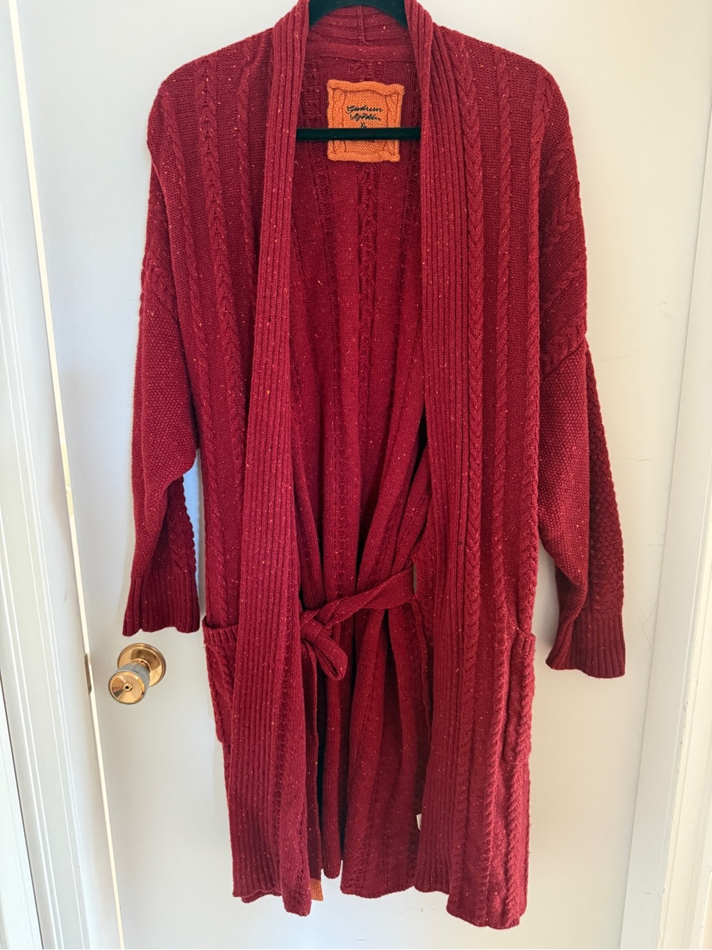 Gudrun Sjoden XL 100% Wool Cable Knit Belted Sweater Coat Burgundy